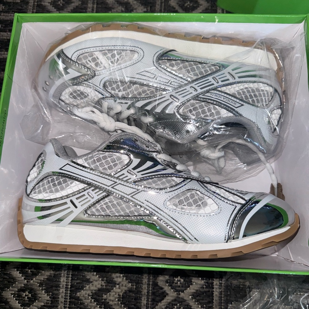 Bottega Veneta White Silver Green Mesh Sneakers